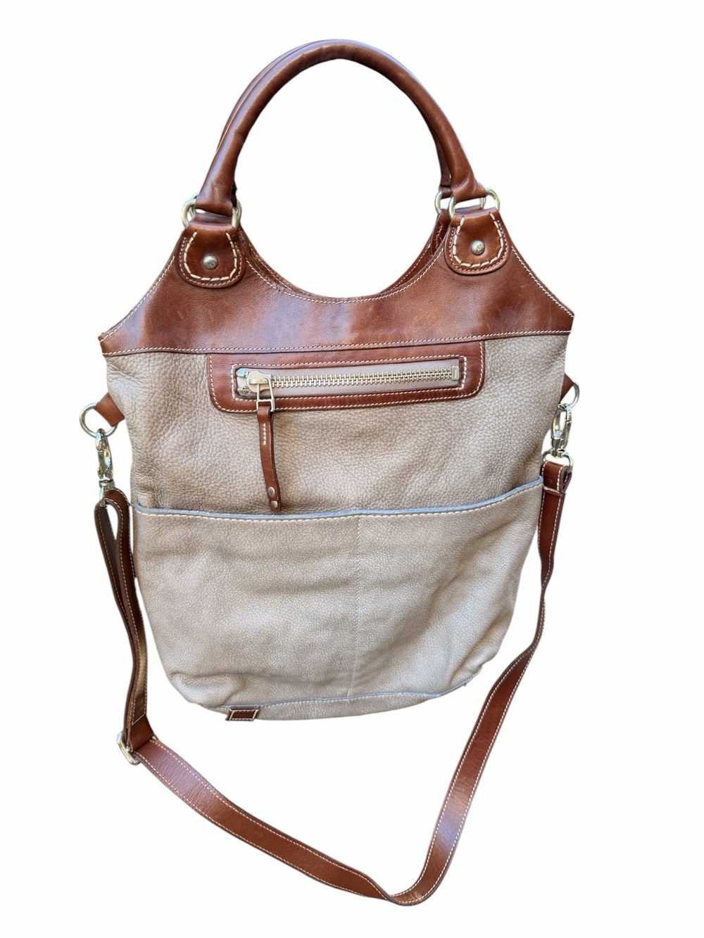 ROOTS CANADA Lauren Fold Over Tribe pebbled Leather Bag Purse Taupe Brown